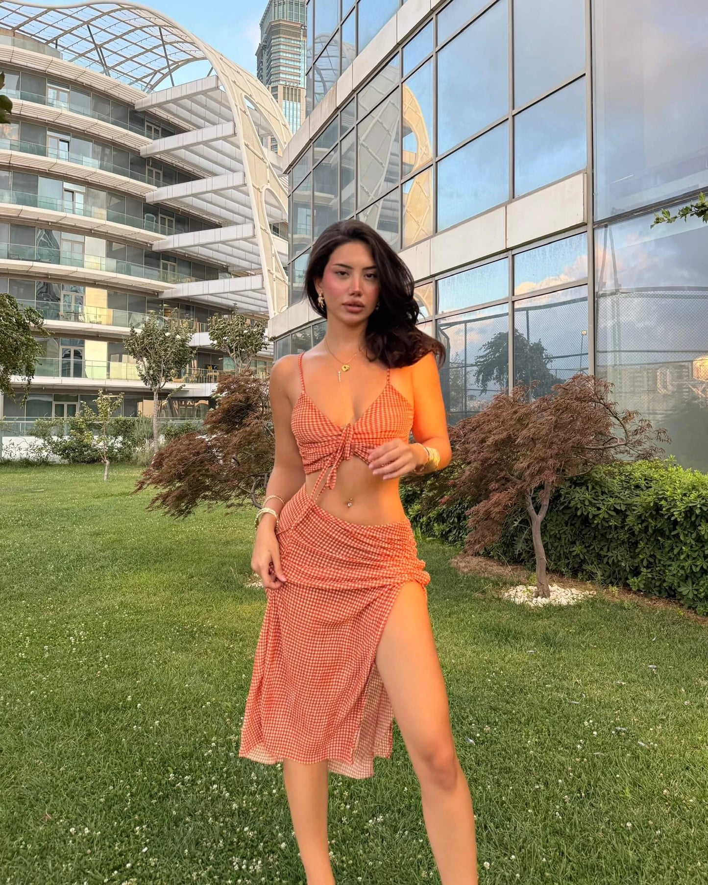 AIEME ORANGE SQUARE PATTERNED SHIRRED CROP SKIRT SUIT
