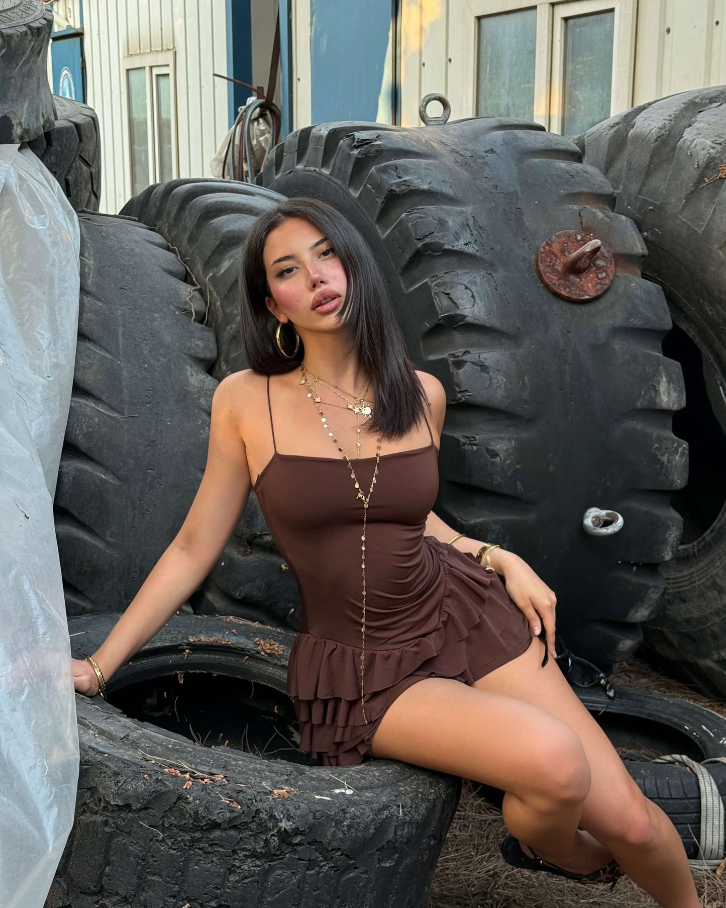 RASEL BROWN STRAPPY RUFFLE DETAIL MINI DRESS