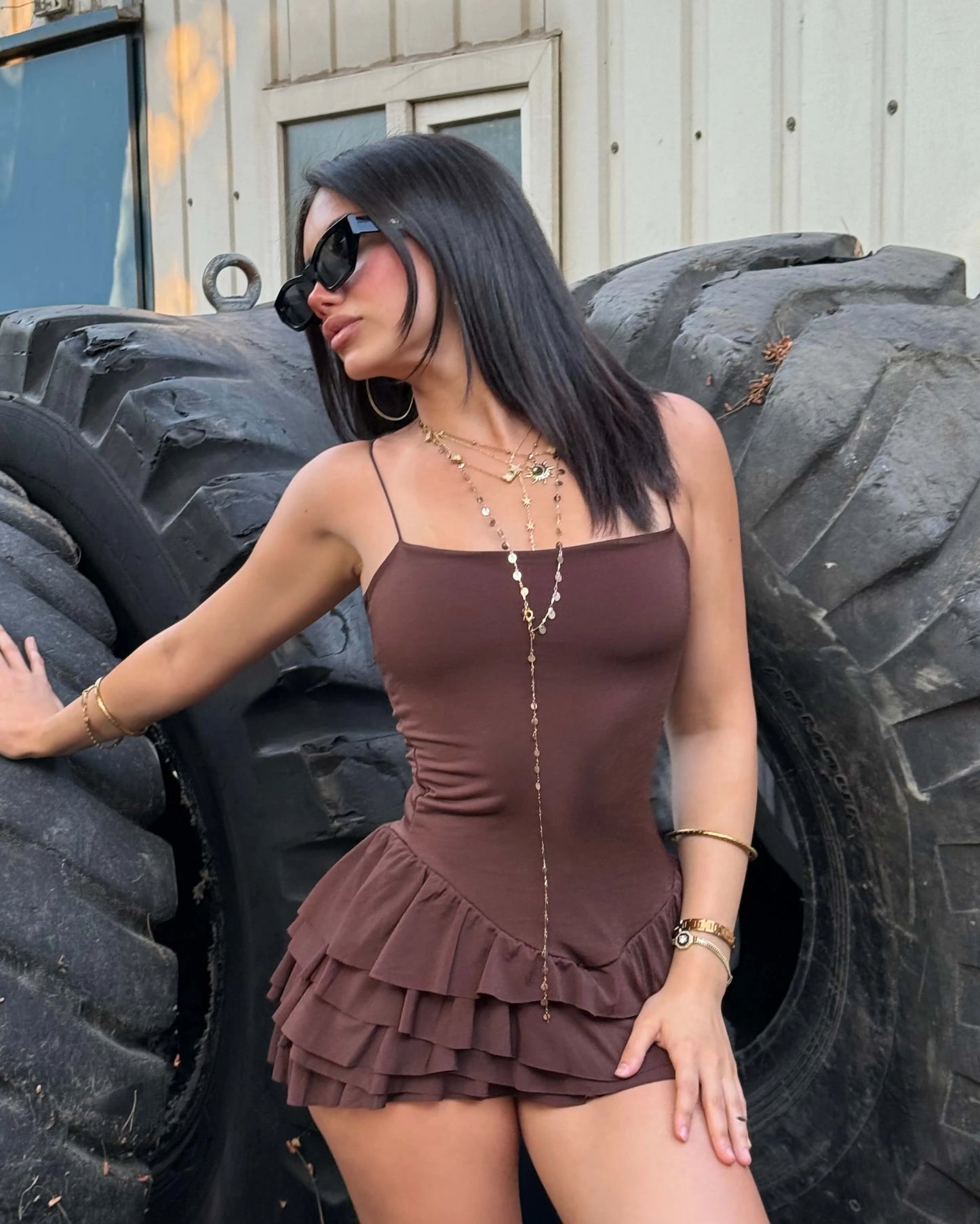 RASEL BROWN STRAPPY RUFFLE DETAIL MINI DRESS