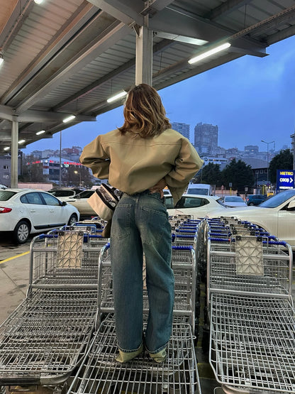 RARE BEIGE VELVET COLLAR BOMBER JACKET