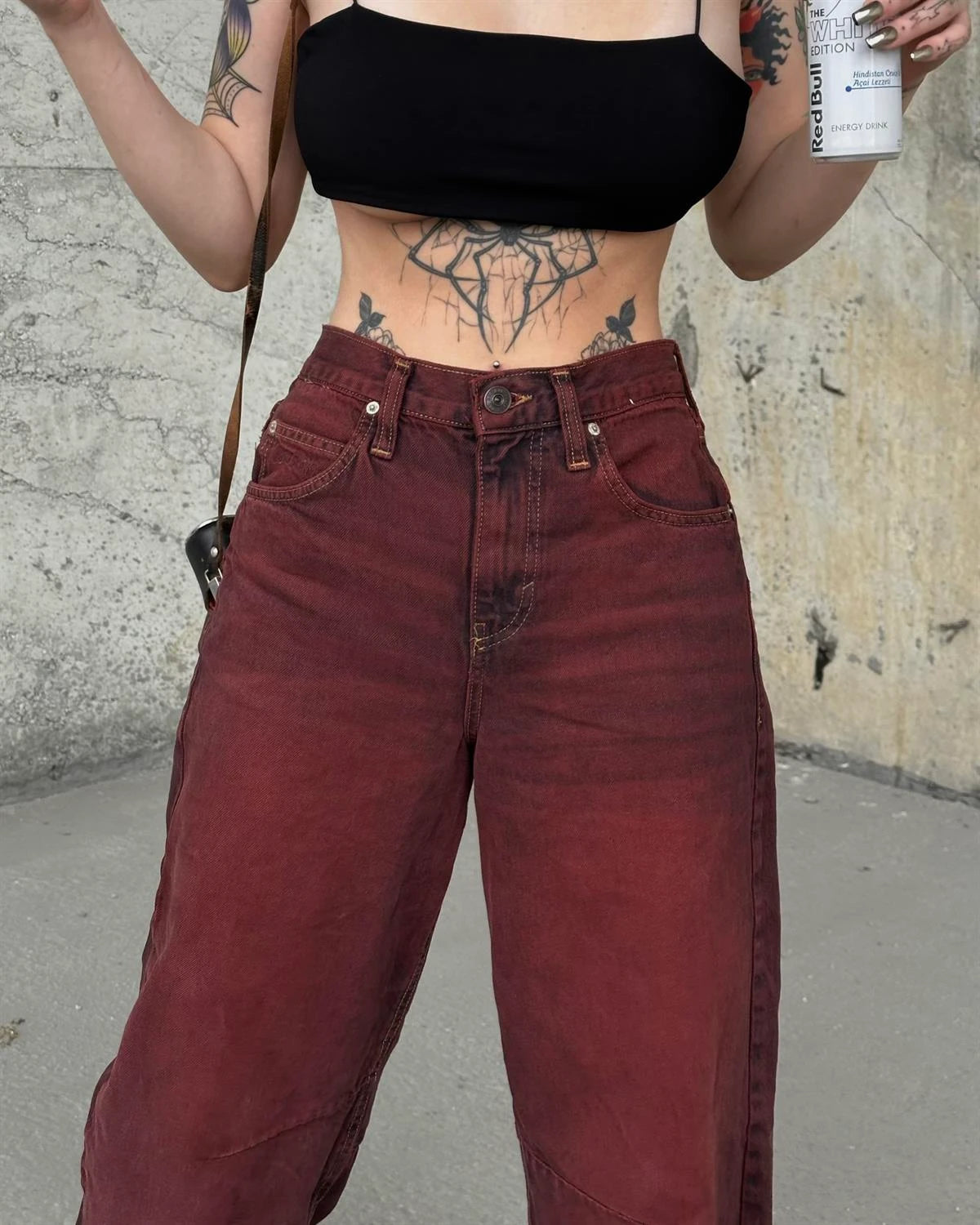 BURGUNDY CINCH BACK BOYFRIEND JEANS